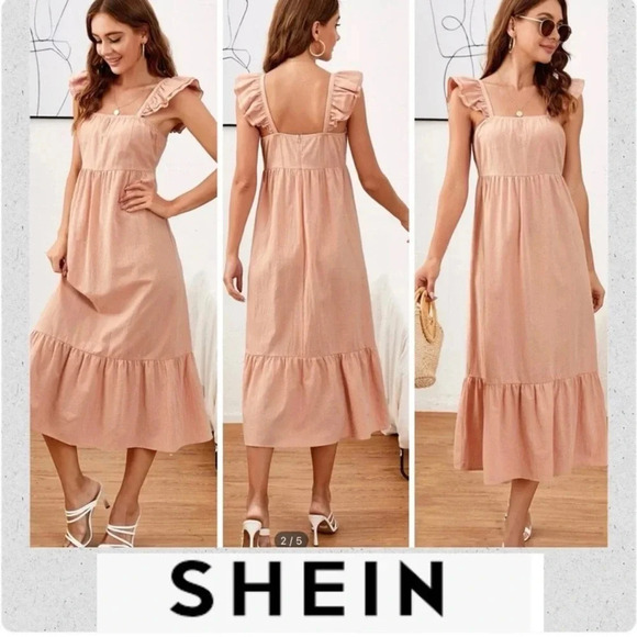 SHEIN Ruffle Hem Fly Sleeve Square Neck Midi Dress - Picture 1 of 8